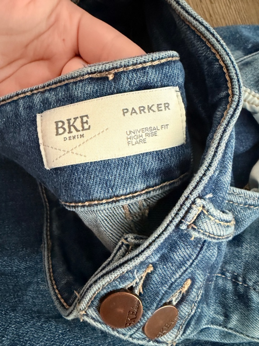 BKE Women's Distressed Medium Blue Flare Jeans high rise - parker’s - Picture 4 of 5